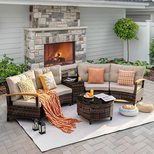 MEISSALIVVE 6 Piece Outdoor Patio Furniture Set, Half-Moon Curved Sectional Set with Wood Armrests, Patio Conversation Set, Tempered Glass Coffee & Side Tables (Brown)
