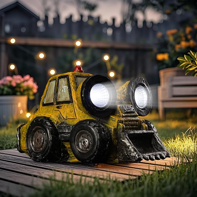 Garden Statue Outdoor Solar Light Decor with LED Light Rustic Vintage Bulldozer Construction Vehicle Decoration for Lawn Patio Yard Gifts for Women