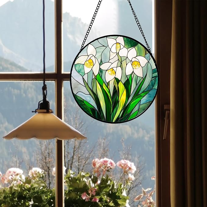 Stained Glass Window Hanging - White Snow Lotus Birth Flower Suncatcher for Doors Garden Patio Sun Catchers Decor Christmas Mother's Day Birthday Gifts for Women Men Mom Nana Friend 11.8 in