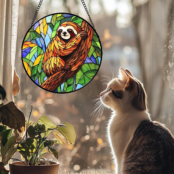 Stained Glass Window Hanging - Funny Sloth Suncatcher for Doors Garden Patio Cute Sun Catchers Decor Christmas Mother's Day Birthday Teenager Gifts for Women Men Mom Nana Friend 15 in