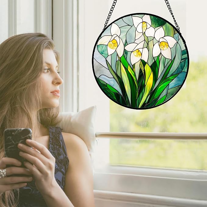 Stained Glass Window Hanging - White Snow Lotus Birth Flower Suncatcher for Doors Garden Patio Sun Catchers Decor Christmas Mother's Day Birthday Gifts for Women Men Mom Nana Friend 7.8 in