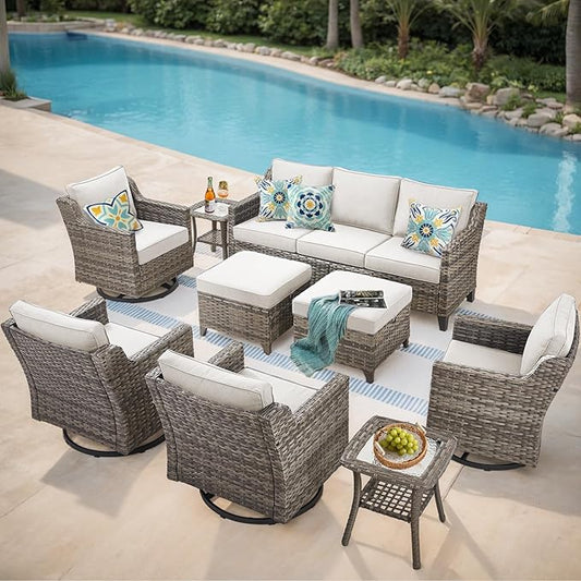 Patio Furniture Set, 9 Pieces Outdoor Wicker Rattan Sofa Couch with Swivel Rocking Chair, Side Table, Ottomans and Comfy Cushions, All Weather Patio Conversation Sets, Suit for Porch Deck