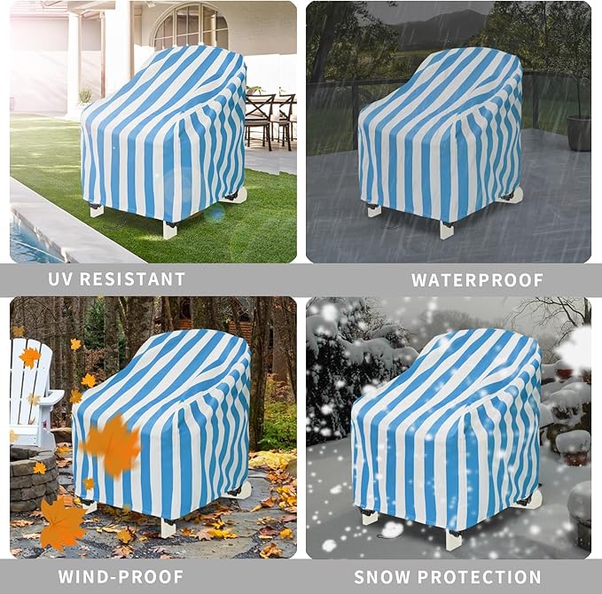 Adirondack Chair Covers Waterproof, Patio Chair Covers, Water Resistant Outdoor Furniture Protection, Heavy Duty With Air Vents, 30W 33D 33H Inches, Blue and White Stripe Pattern