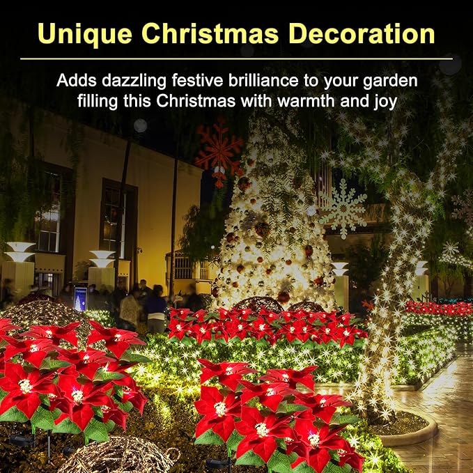Aolyty Solar Garden Lights, IP65 Waterproof Solar Flowers Lights Landscape Lighting Simulation Poinsettia LED Light for Pathway, Garden, Patio, Yard, Lawn Outdoor Decorative (2 Pack)