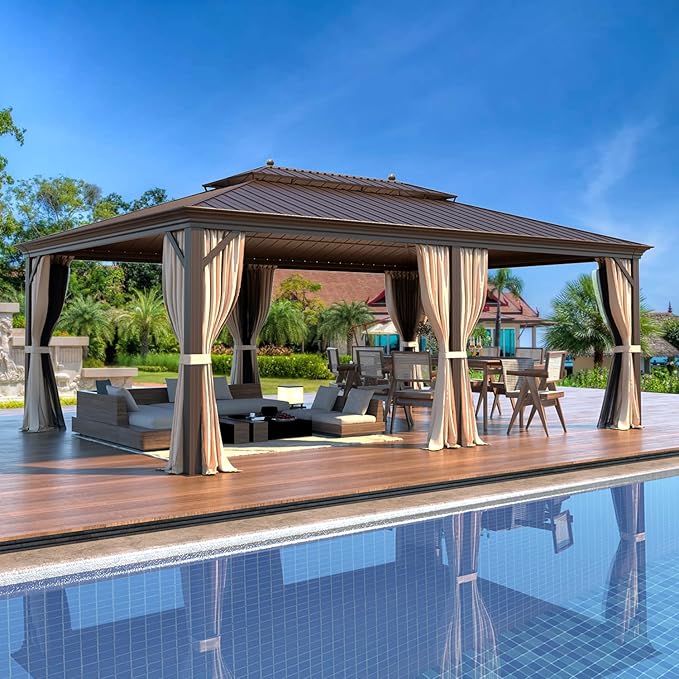 MELLCOM 14' x 20' Hardtop Gazebo,Galvanized Steel Metal Double Roof with Curtain and Netting,Brown Permanent Pavilion Gazebos with Aluminum Frame for Patios,Gardens,Lawns