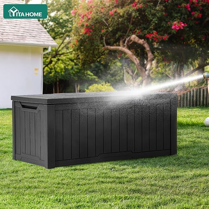 YITAHOME 120 Gallon Resin Deck Box, Weather Resistant Outdoor Storage Box for Patio Cushions, Garden Tools, Pool Supplies, Lockable, Easy With Tool Assembly, Extra Seat or Table (Black)
