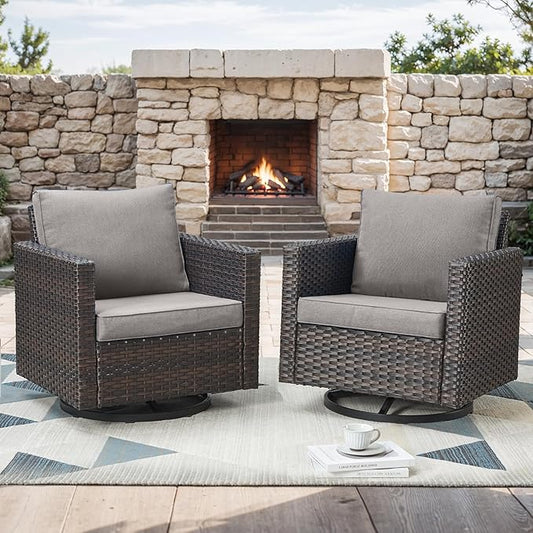 Rilyson Outdoor Patio Swivel Rocker Chairs - Wicker Patio Swivel Rocking Chairs Set of 2 with Waterproof Wicker,Comfortable Cushions and Sturdy Metal Frame for Outside Porch Deck Backyard(Brown/Grey)