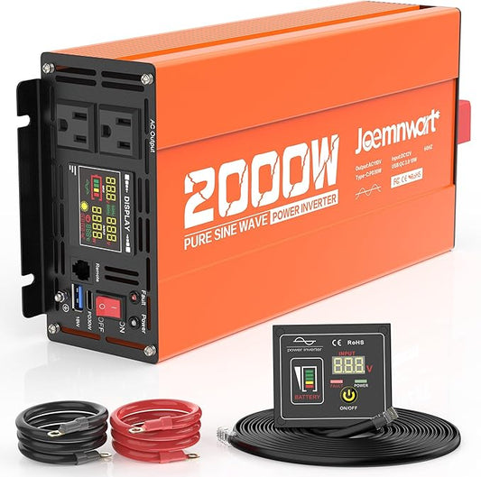 2000W Pure Sine Wave Power Inverter 12V DC to 110V AC Converter for RV Truck Off-Grid Solar Inverter with 2 Quick Charging USB Ports,Dual AC Outlets,LCD Display and Remote Control