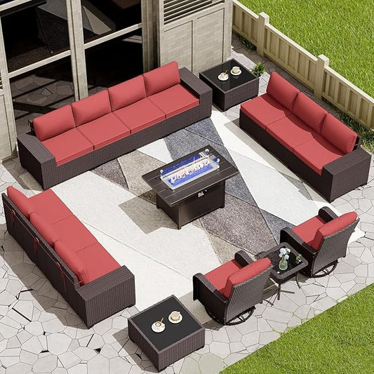 16 Pieces Outdoor Patio Furniture Set Outdoor Furniture Patio Sectional Sofa Conversation Sets w/ETL Approved 45" Gas Fire Table & Coffee Table, Swivel Rocking Chair Red.