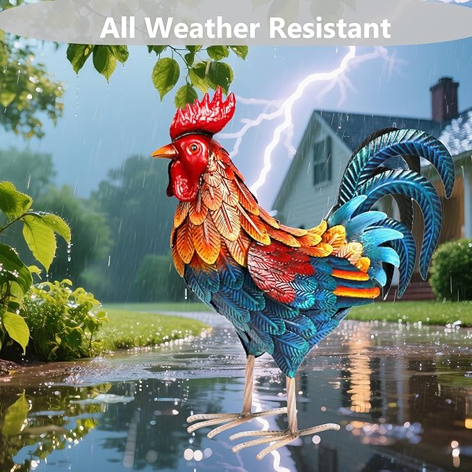 Shorayn Metal Rooster Statues Outdoor Garden Decor Metal Chicken Sculptures & Statues Chicken Ornaments Yard Art for Backyard Patio Lawn Decorations