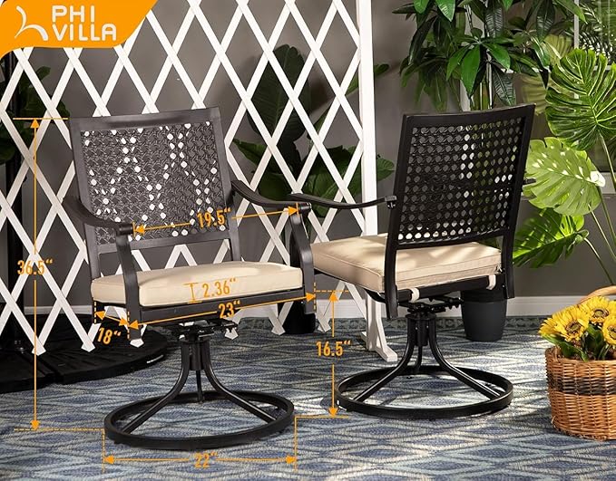 PHI VILLA Patio Swivel Dining Chairs Set of 2, Outdoor Chair with Cushions, Patio Furniture Chair with Armrest, Black