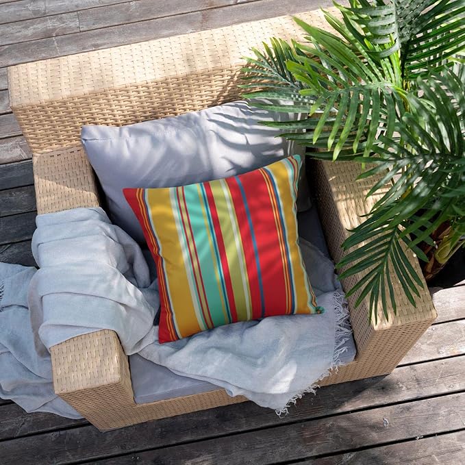 Pyonic Outdoor Pillow Covers Waterproof Throw Pillow Covers Set of 2,Decorative Square Beach Pillowcase Patio Pillows for Porch Furniture Tent Garden Couch,Color Stripe(Red) 20x20Inches