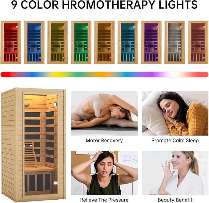 springspa Far Infrared Sauna 1 Person Indoor Sauna Spa Room, Canadian Hemlock Wooden Infrared Saunas for Home with Low Emf Lighting, Bluetooth Speakers, LCD Control Panel, 9 Chromotherapy