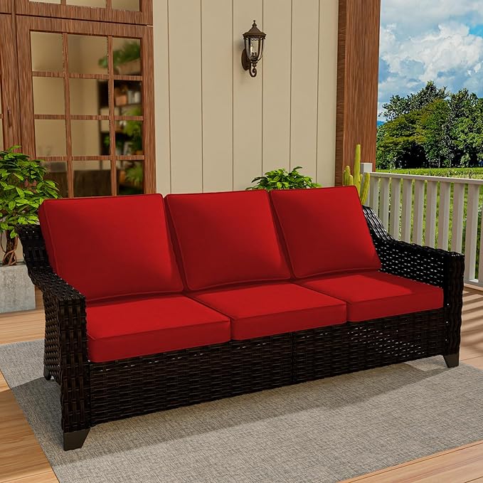 Vista Vibe 78" Patio Wicker 3-seat Sofa, Deep Seat & Upholstered Loveseat, Outdoor All-Weather Rattan Couch with Removable Cushions, Steel Frame Couch for Garden, Poolside (Brown/Red)