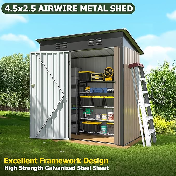 5x3 FT Outdoor Storage Shed, Garden Shed with Updated Frame Structure and Lockable Doors, Metal Tool Sheds for Backyard Garden Patio Lawn,Brown