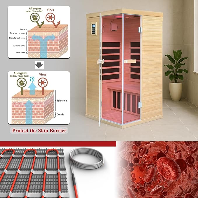 Far Infrared Sauna, 1-Person Canadian Hemlock Dry Sauna- 1350W Low EMF, 5 Heating Plates, Oxygen Bar, Chromotherapy, Bluetooth Speaker - 33.5x33.5x69in for Home Relaxation