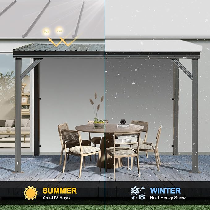 Domi 8’x10’ Lean-to Gazebo, Hardtop Wall-Mounted Gazebo Pergola with Sloping Galvanized Steel Roof and Upgraded Drainage System, Outdoor Permanent Metal Shelters for Patio Backyard Deck, Grey