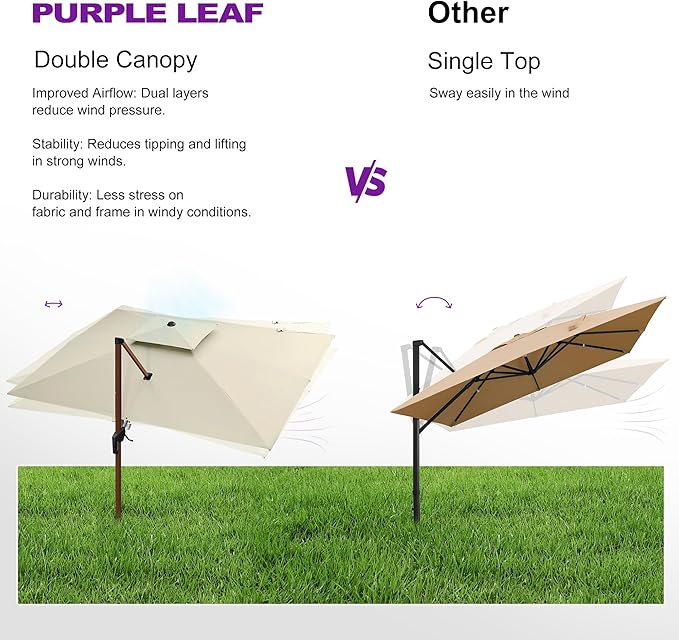 PURPLE LEAF 12ft Patio Umbrella Outdoor Square Umbrellas Large Cantilever Umbrella Windproof Offset Heavy Duty Sun Umbrellas for Garden Deck Pool Patio, Cream