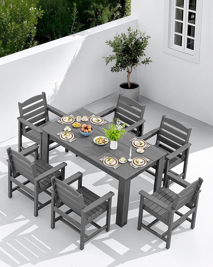 SERWALL Patio Dining Sets for 8, Outdoor Dining Sets for 8 Person with 2 Umbrella Hole Cut-Out Rectangular Tables and 8 Chairs, HDPE Dining Sets for Garden, Backyard, Poolside, Gray