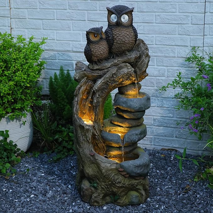 34.3''H Outdoor Water Fountain Owl Tree Stump, 4 - Tier Cascading Waterfall Garden Fountains with LED Lights & Pump Water Feature Resin for Patio, Deck, Yard, Home Decor