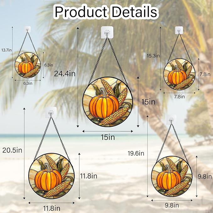 Stained Glass Window Hanging Autumn Harvest Pumpkin Corn Large 15" - Suncatcher Door Garden Kitchen Sunroom Sun Catcher Fall Home Decor Birthday for Mom Grandma Men Woman