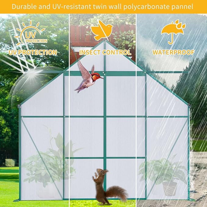 Favfurish 8X8 FT Greenhouses for Outdoors,Polycarbonate Greenhouse, Aluminum Heavy Duty Walk-in Green Houses, Adjustable Roof, Raised Base and Double Sliding Door for Outside Backyard, Green