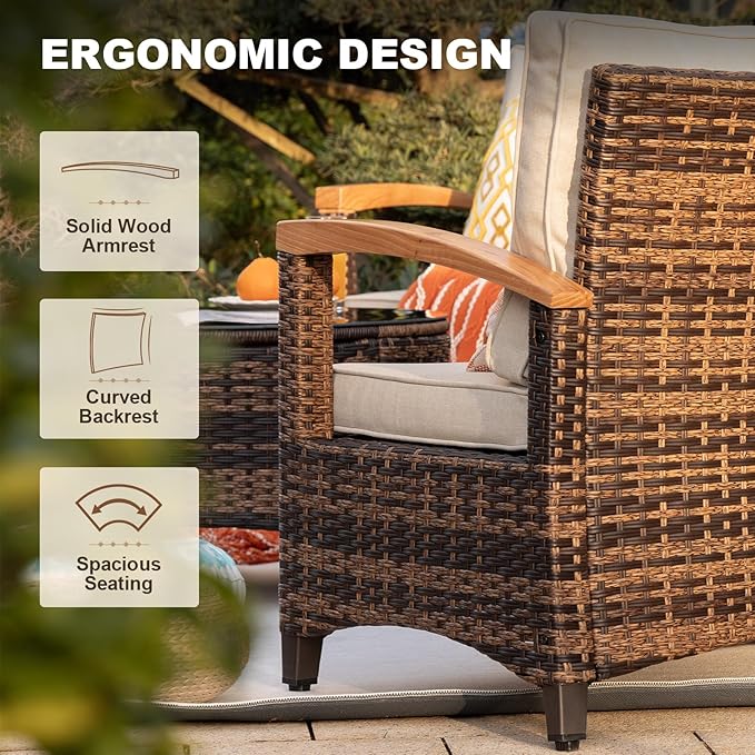 MEISSALIVVE 9 Piece Outdoor Patio Furniture Set, Half-Moon Curved Sectional Set with Wood Armrests, Patio Conversation Set, Tempered Glass Coffee & Side Tables（Brown）