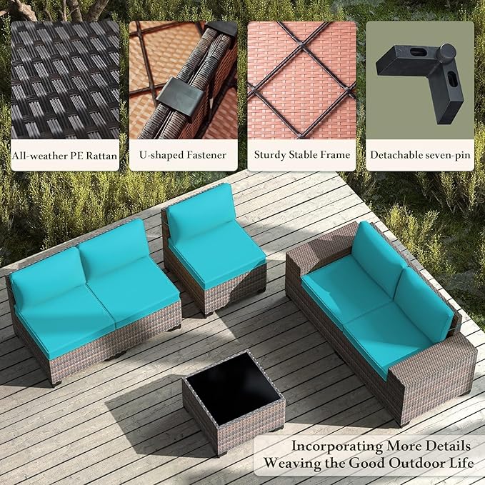Outdoor Patio Furniture Set, 12 Pieces Outdoor Furniture All Weather Patio Sectional Sofa PE Wicker Modular Conversation Sets with Coffee Table,10 Chairs & Seat Clips Turquoise Blue.