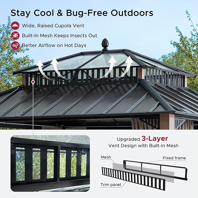 SUNJOY Kingston 12' x 10' Hardtop Gazebo with Galvanized Steel/Polycarbonate Double Roof, Curtain and Netting, Woodgrain Finish Aluminum Posts Permanent Pavilion Gazebo for Garden, Patio, Deck, Lawn