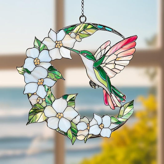 Hummingbird Crescent Moon Acrylic Suncatcher Stained Glass Effect Window Car Hanging Christmas Ornament Indoor Outdoor Decor Garden Sun Catcher Gift for Bird Lover for Women Mom Grandma
