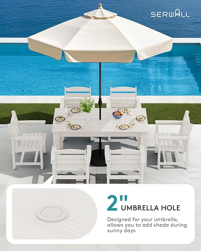 SERWALL Patio Dining Set for 6, Outdoor Dining Sets for 6 Person with 1 Umbrella Hole Cut-Out Rectangular Table and 6 Chairs, HDPE Dining Sets for Garden, Backyard, Poolside, White