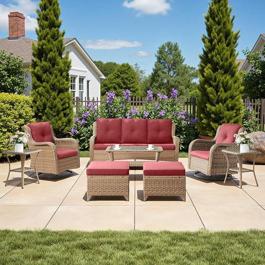 Patio Furniture Set with Swivel Rocker：8 PCS Outdoor Furniture with Swivel Patio Chairs, Suitable for Deck, Yard, Porch, Poolside, Yellow/Red