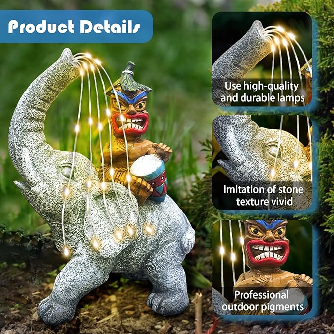 Solar Powered Elephant Tiki Courtyard Light, Outdoor Garden Decoration Elephant Statue,Gifts for Women Mom Grandma Senior Elderr, Garden, Courtyard, Yard, Lawn