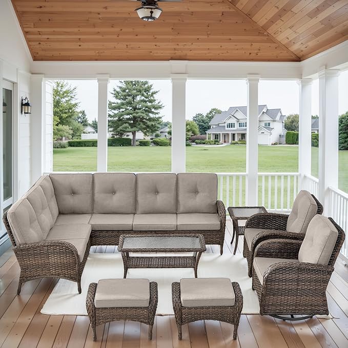 HUMMUH Outdoor Patio Furniture Set,L-Shaped Sectional Couches with Swivel Patio Chairs,Wicker Conversation Set for Deck,Backyard,Porch,Garden