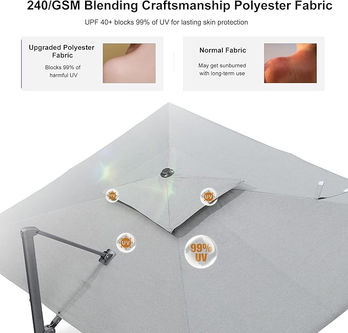 PURPLE LEAF 10' x 13' Cantilever Patio Umbrella Outdoor Umbrella with 330lbs Base Large Rectangular Windproof Offset Umbrella for Pool Deck Garden, Pebble Grey