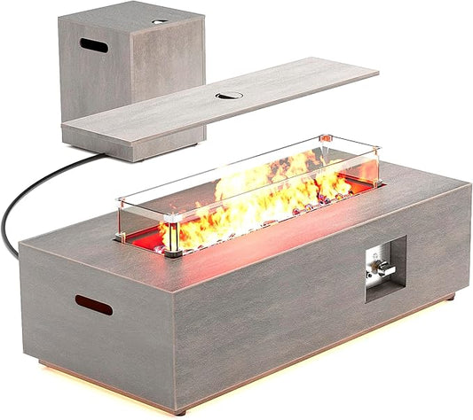 42" Outdoor Fire Pit Table, 50,000 BTU Gas Fire Pit with Glass Wind Guard, Fire Stones, Waterproof Cover, Propane Fire Pit Table for Outside Patio (Warm Light, Brown)