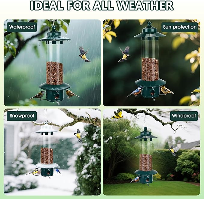 Hanging Bird Feeder for Outdoors, Squirrel Proof Bird Feeders for Outside with 4.8 Lb Capacity, 4 Ports Tube Metal Wild Bird Feeders for Garden Yard Decoration Viewing Cardinal, Weather-Resistant