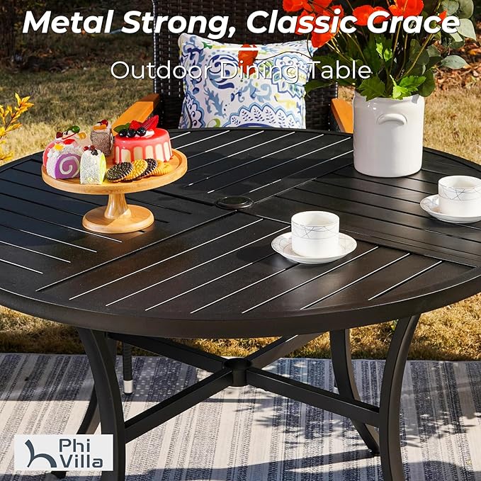 PHI VILLA 5-Piece Patio Dining Set for 4 with 10ft Umbrella, Metal Circle Table & Wrought Iron Stackable Chairs, 3-Tier Vented Beige Umbrella