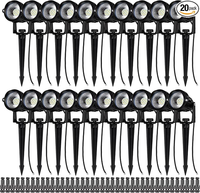 12W Landscape Lights Low Voltage LED Landscape Lighting Spotlight Waterproof Garden Pathway Christmas Decorative Lights Outdoor, 20 Pack with Connector (Cool White 5000K)