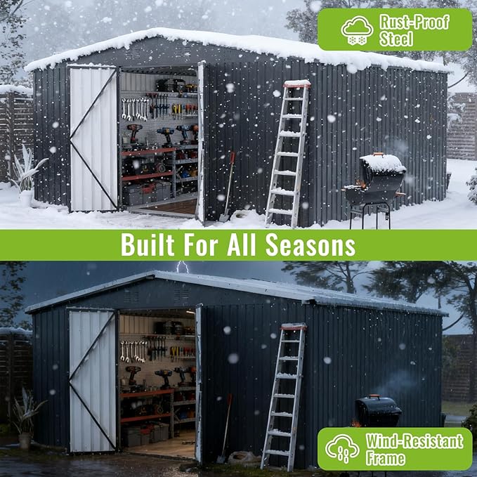 14X12 FT Outdoor Storage Shed, Durable Metal Outside Storage with Lockable Doors, Waterproof Storage Shed for Tools, Equipment, Ideal for Backyard Garden Patio Lawn