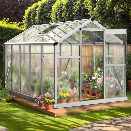 VINGLI 6x10FT Heavy Duty Polycarbonate Greenhouse with 5 Roof Vents, Aluminum Sliding Door, Silver