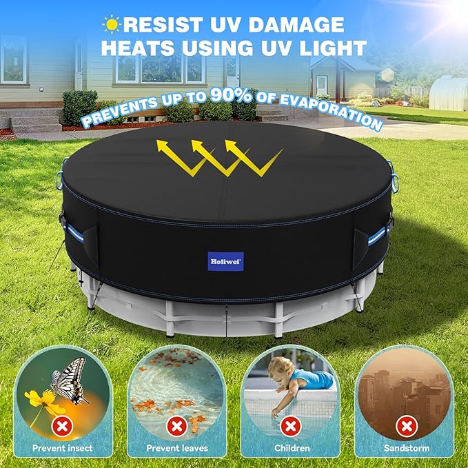 12 Ft Round Pool Cover with Reflective Strips, 420D Swimming Pool Cover for Above Ground Pools, Solar Cover with Drawstring and Ground Nails for Dustproof, UV Protected