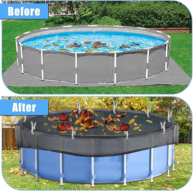 28 Feet Round Leaf Net Cover for Above Ground Pool, Winter Cover Mesh Cover with 20 Pcs Large Metal Clips，Pool Safety Net Fits 28FT Above Ground Pools, Keeps Leaves Out of Your Pool