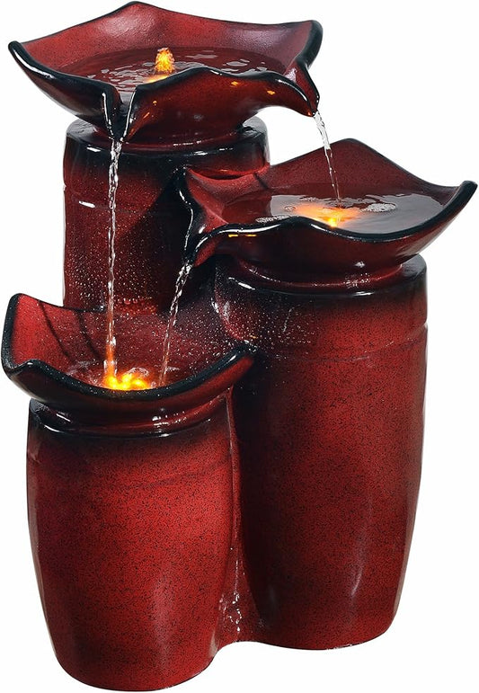 Teamson Home 3 Tiered Floor Water Glazed Pots Fountain with LED Lights and Pump for Outdoor Patio Garden Backyard Decking Décor, 20 inch Height, Gradient Red
