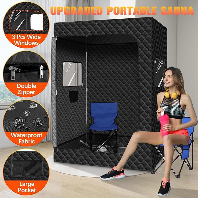 Upgraded Portable Steam Sauna, Portable Sauna Box for Home, Home Sauna Tent Full Body, 1200W 3L Steam Generator, 99 Minute Timer, Folding Chair, Remote Control Included(Black)