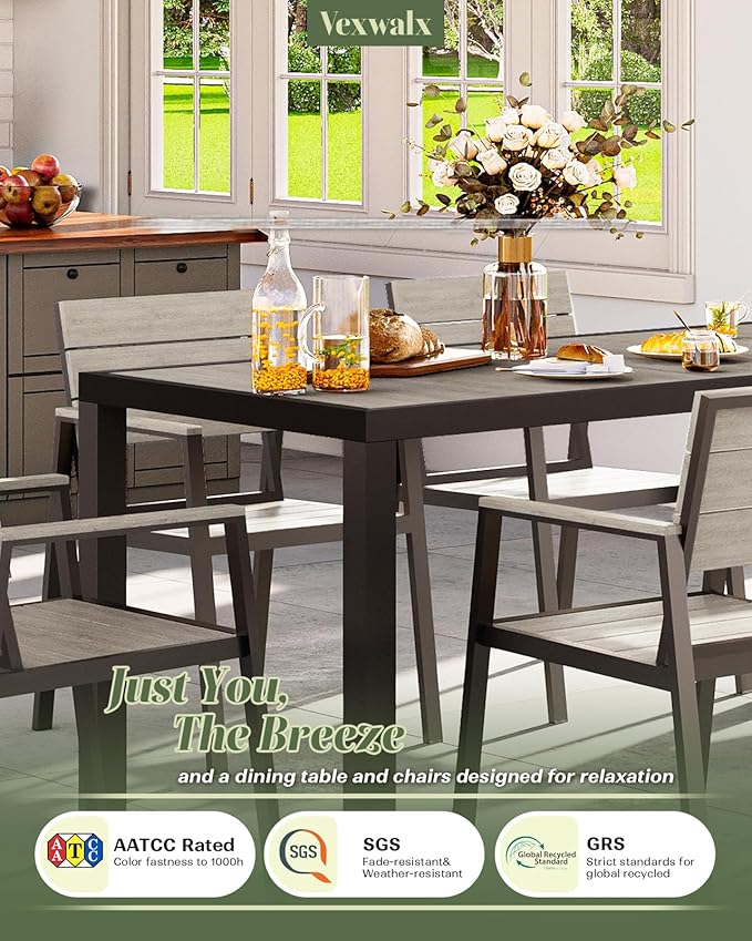 Outdoor Dining Set, Patio Table and Chairs of 4, Aluminum Outdoor Furniture Set with Umbrella Hole, HDPS Patio Dining Table Set for 4 (Gray)