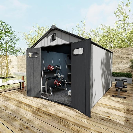 Domi 8×12ft Outdoor Resin Storage Shed - 578+ Cubic Ft Weatherproof Double-Wall Yard Shed with Carpet, Lockable Door and Skylight, Heavy-Duty Steel Frame Storage Building for Lawn Mower, Bike, Tools