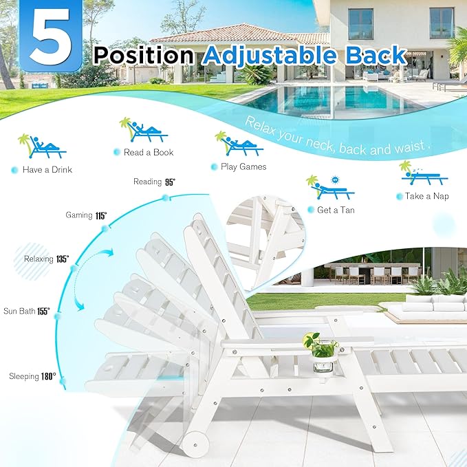 nalone HDPE Chaise Lounge Chair Outdoor with Wheels & Cup Holder, Pool Lounge Chairs with 5-Position Adjustable Backrest, Supports Up to 400 LBS for Patio Poolside Deck Beach Backyard (White)