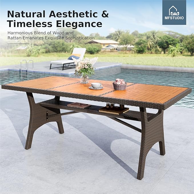 MFSTUDIO Outdoor Dining Sets for 8, 9 Pieces Patio Dining Furniture, 74’’ Rectangular Table Set and Chairs, Acacia Wood Top & Rattan and Metal Frame, Outdoor Patio Modern Furniture