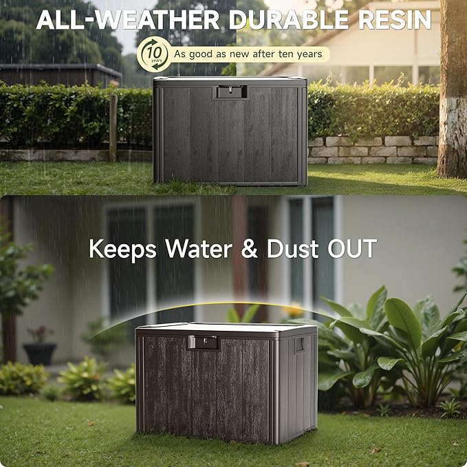 40 Gallon All-Weather Deck Box, Lockable Waterproof Resin Storage with UV Resistance for Patio Furniture, Garden Tools, Pool Accessories (Brown)
